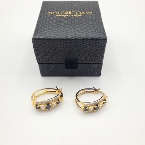 Two Toned Gold and Silver Huggy Earrings with Zirconia and Garnets in gift box